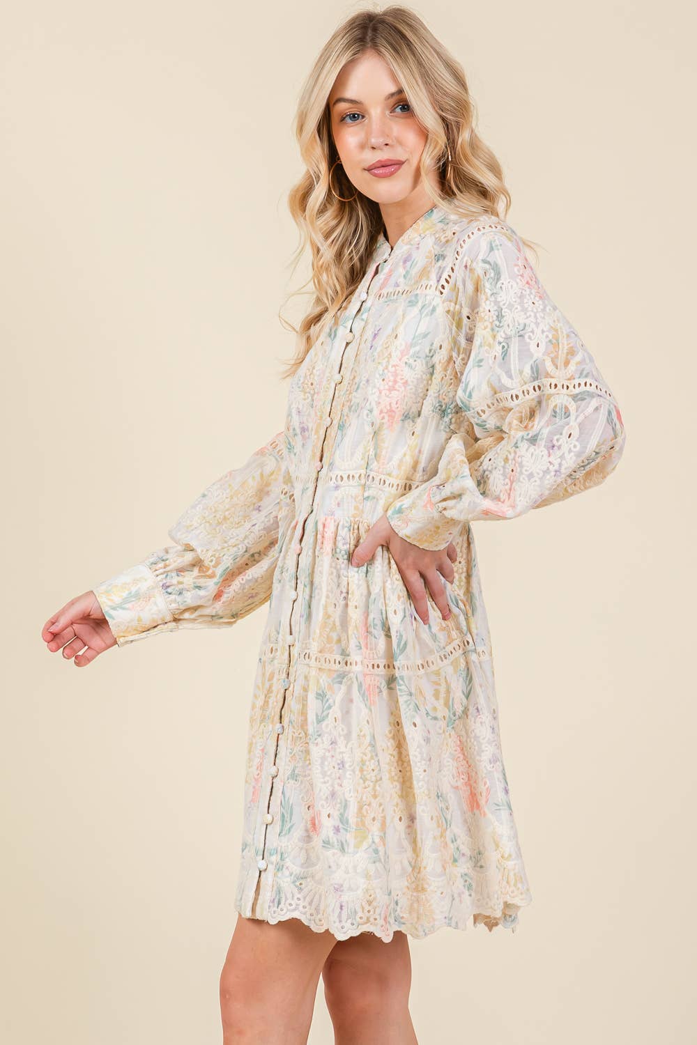 Plus Floral Long Sleeved Mini Shirt Dress, OD51132PL: Creme