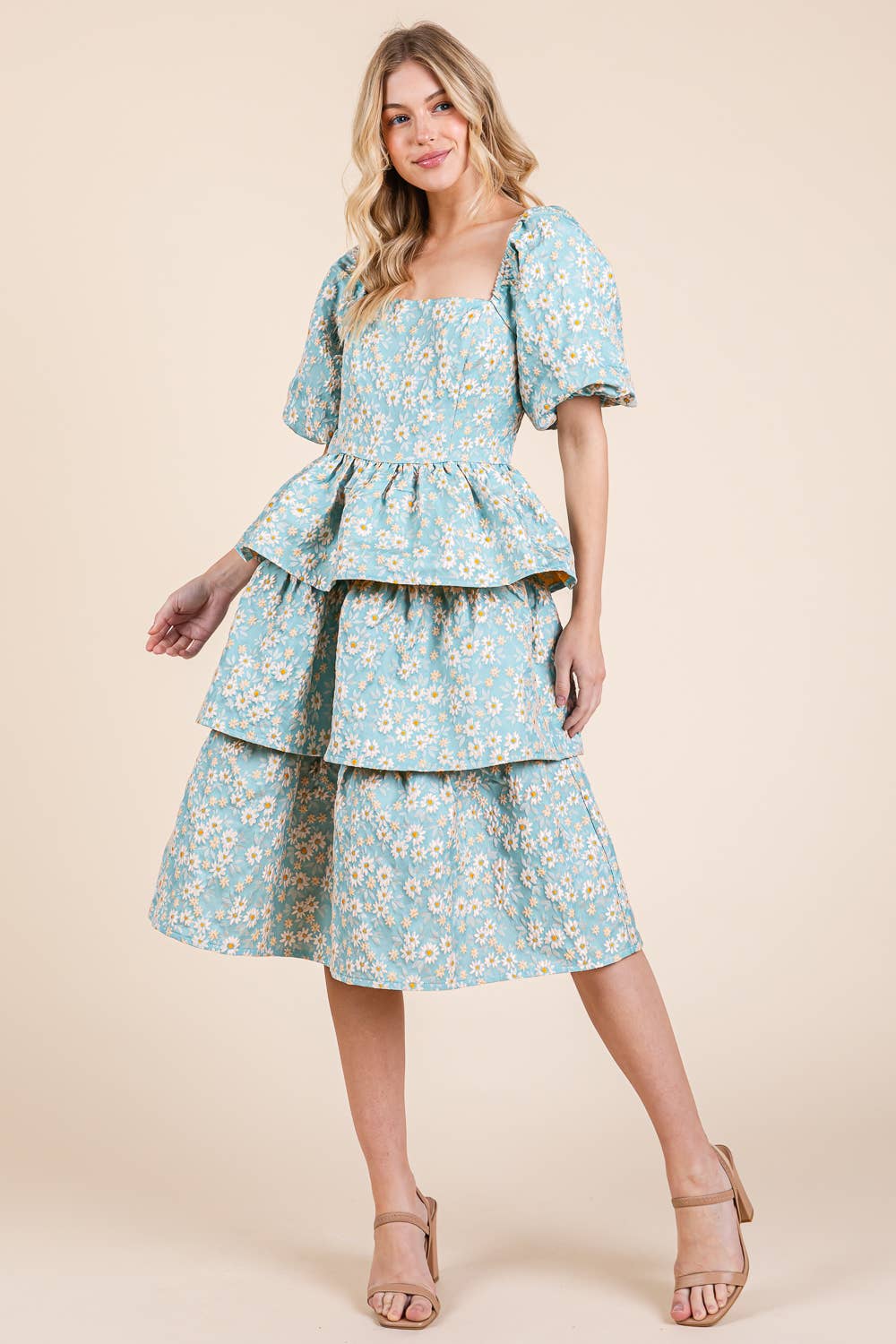 Floral Jacquard Tiered Midi Dress, MD51548: Blush