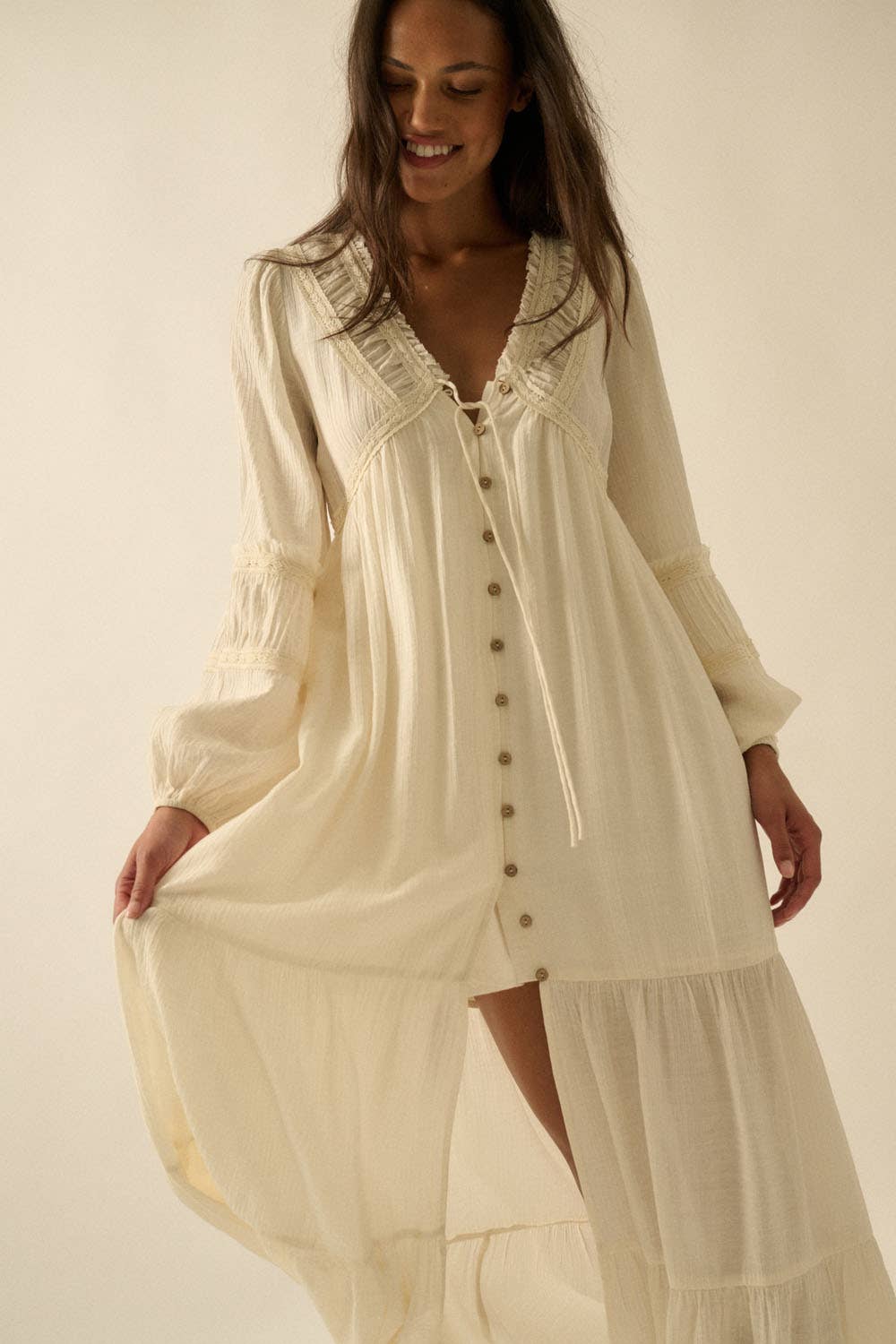 Tonal-Stripe Lace-Trim Button-Front Maxi Dress: CREAM