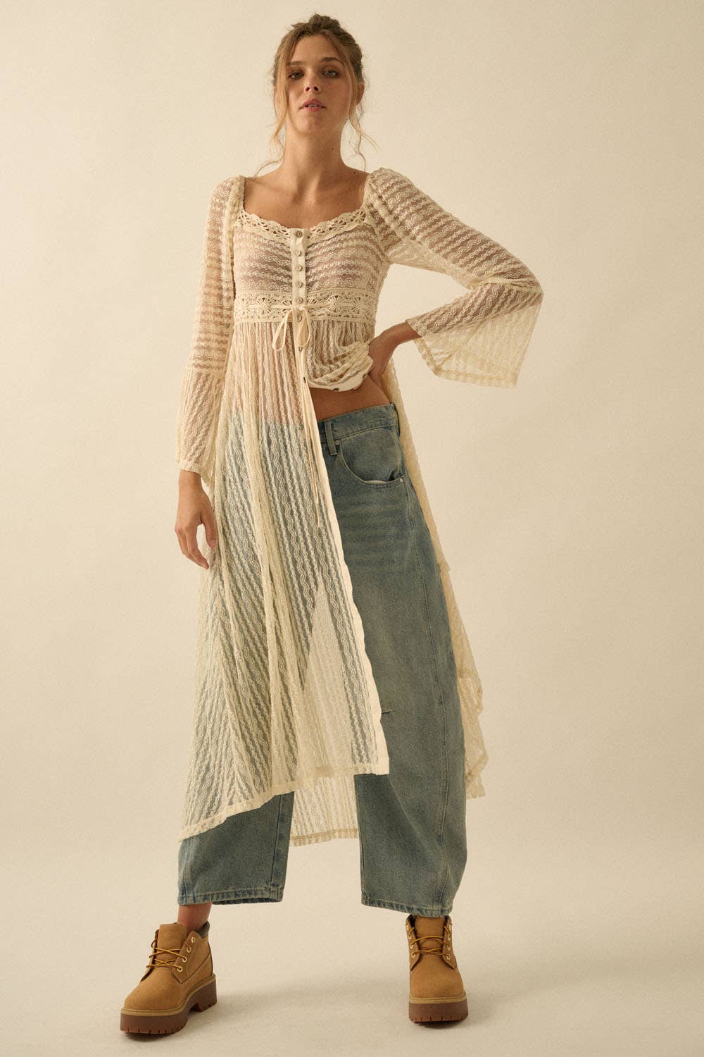 Sheer Striped Lace Button- Up Layering Midi Dress: Taupe