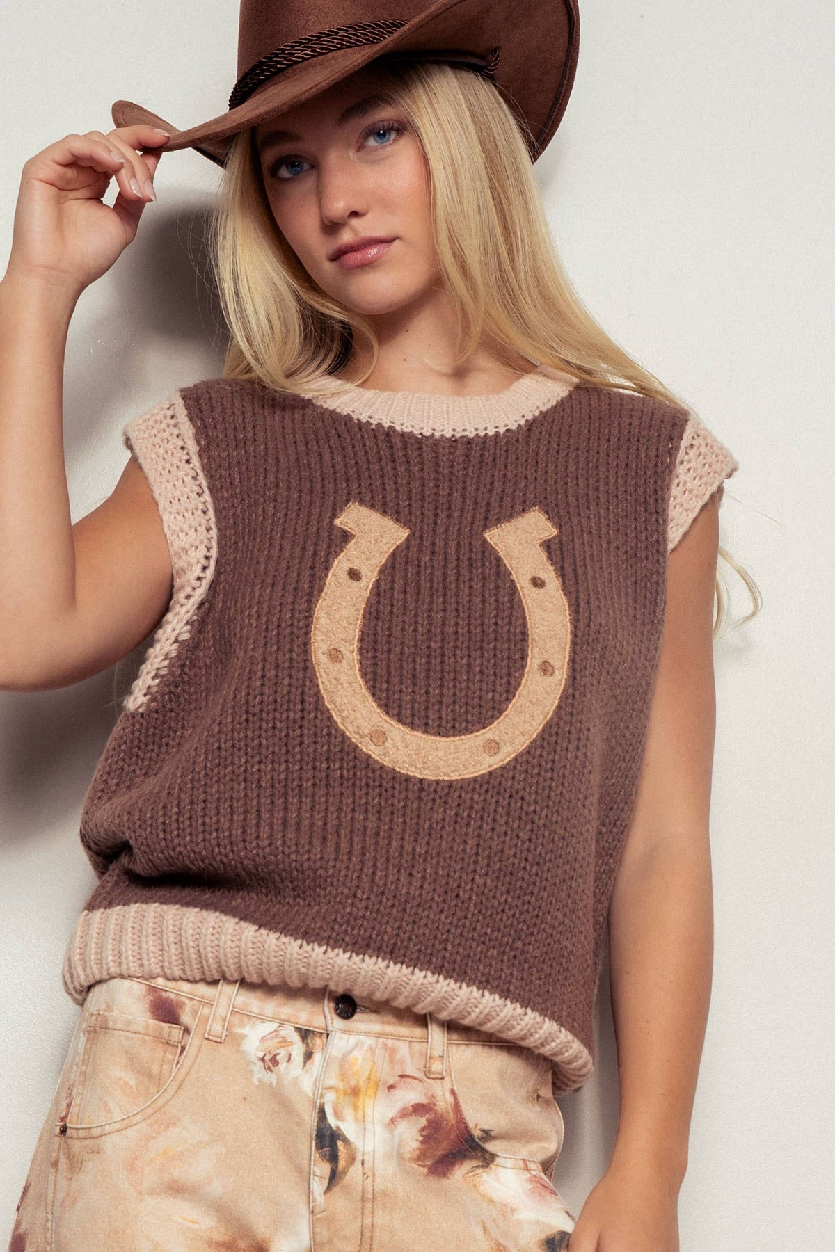 Western Horseshoe Crochet Knit Ribbed Trim Sweater Vest: Brown