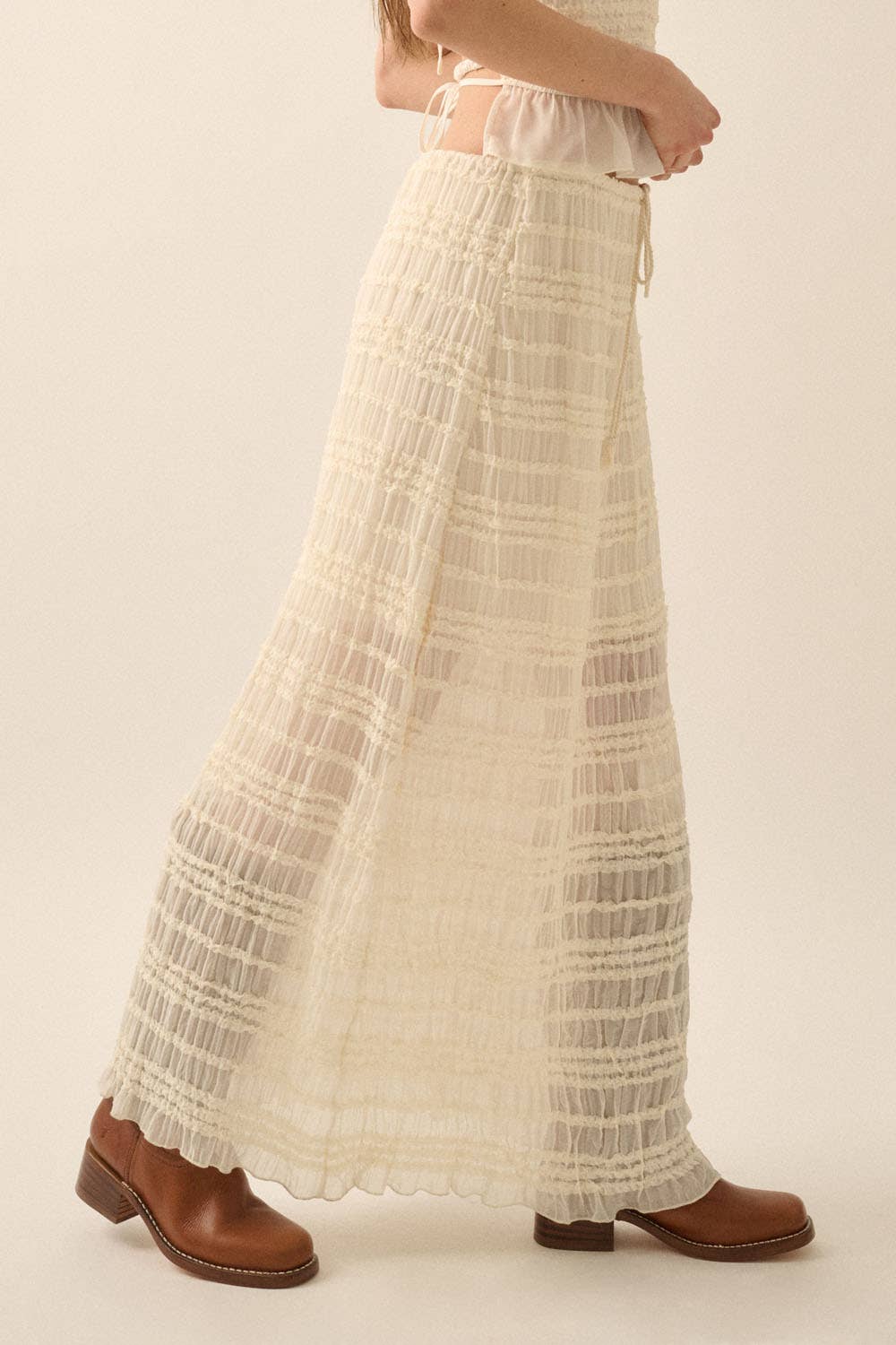 Gathered Tiered Ruffle Drawstring Maxi Skirt: CREAM