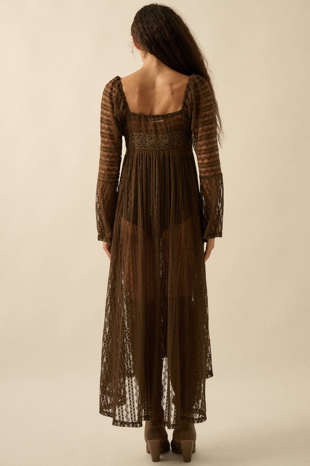 Sheer Striped Lace Button- Up Layering Midi Dress: Taupe
