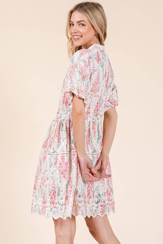 Floral Eyelet Lace Mini Shirt Dress, OD51255: Pink Multi