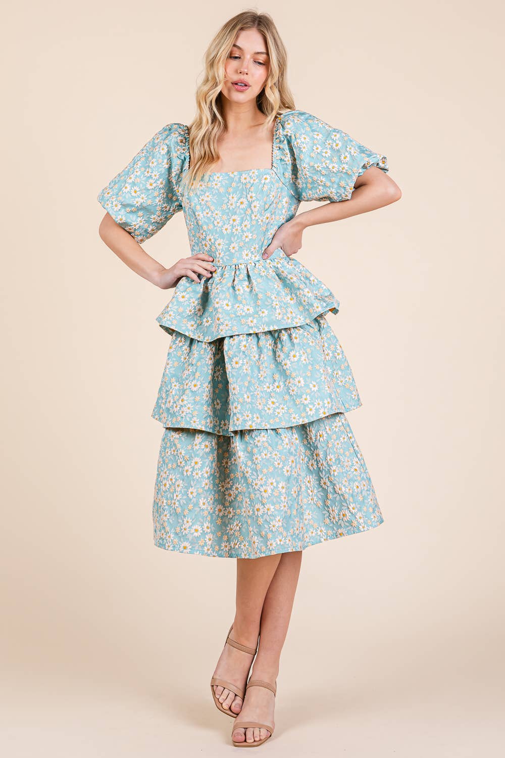 Floral Jacquard Tiered Midi Dress, MD51548: Blush