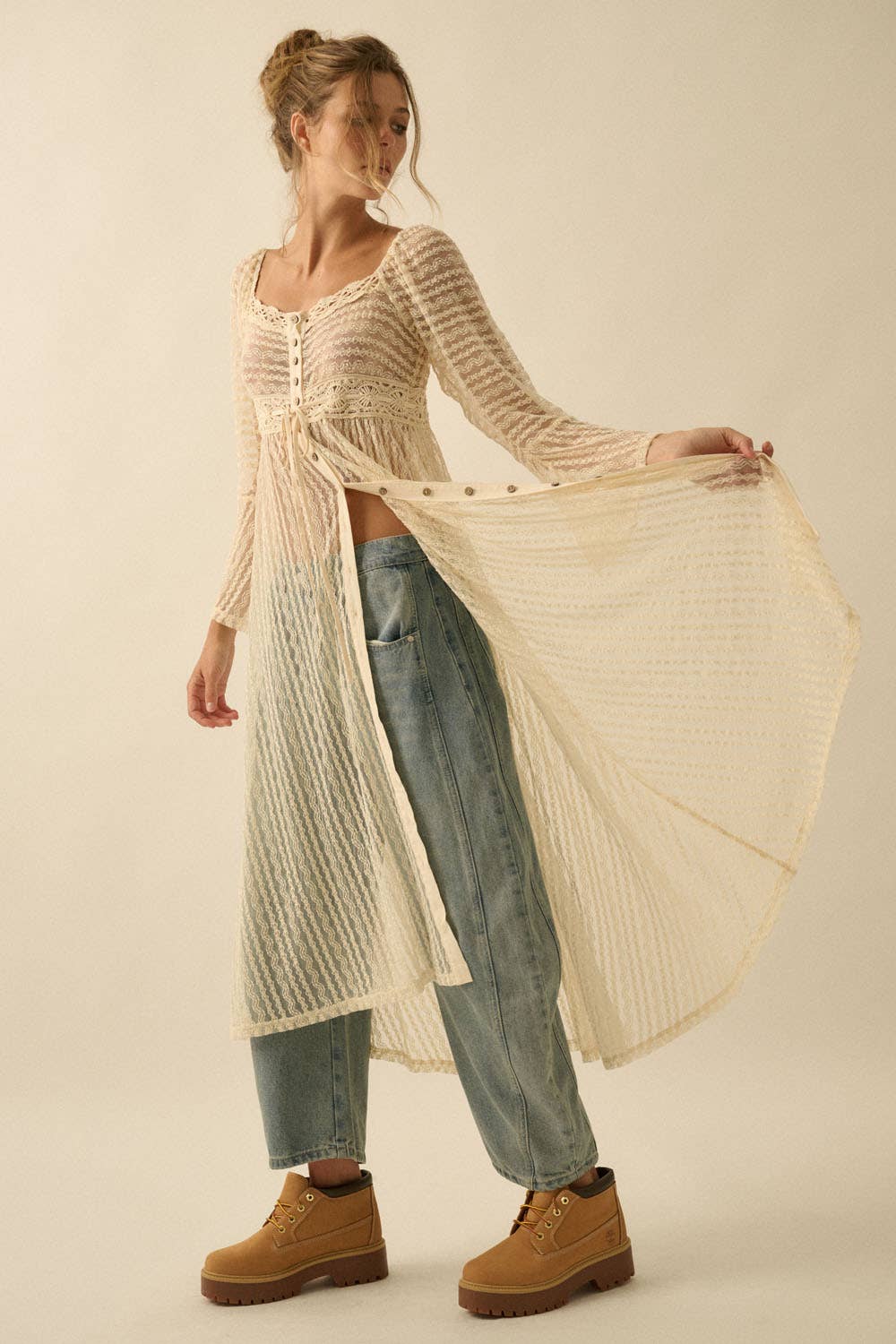 Sheer Striped Lace Button- Up Layering Midi Dress: Taupe