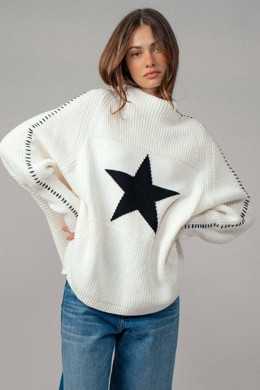 Star Knit Oversized Sweater Top: IVORY