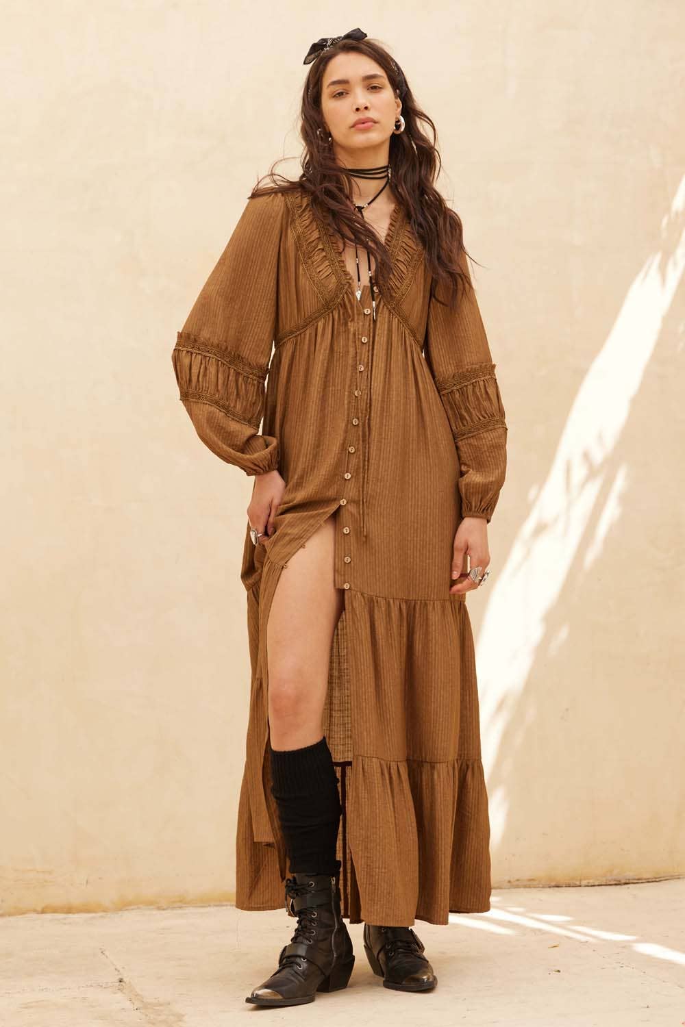 Tonal-Stripe Lace-Trim Button-Front Maxi Dress: CREAM