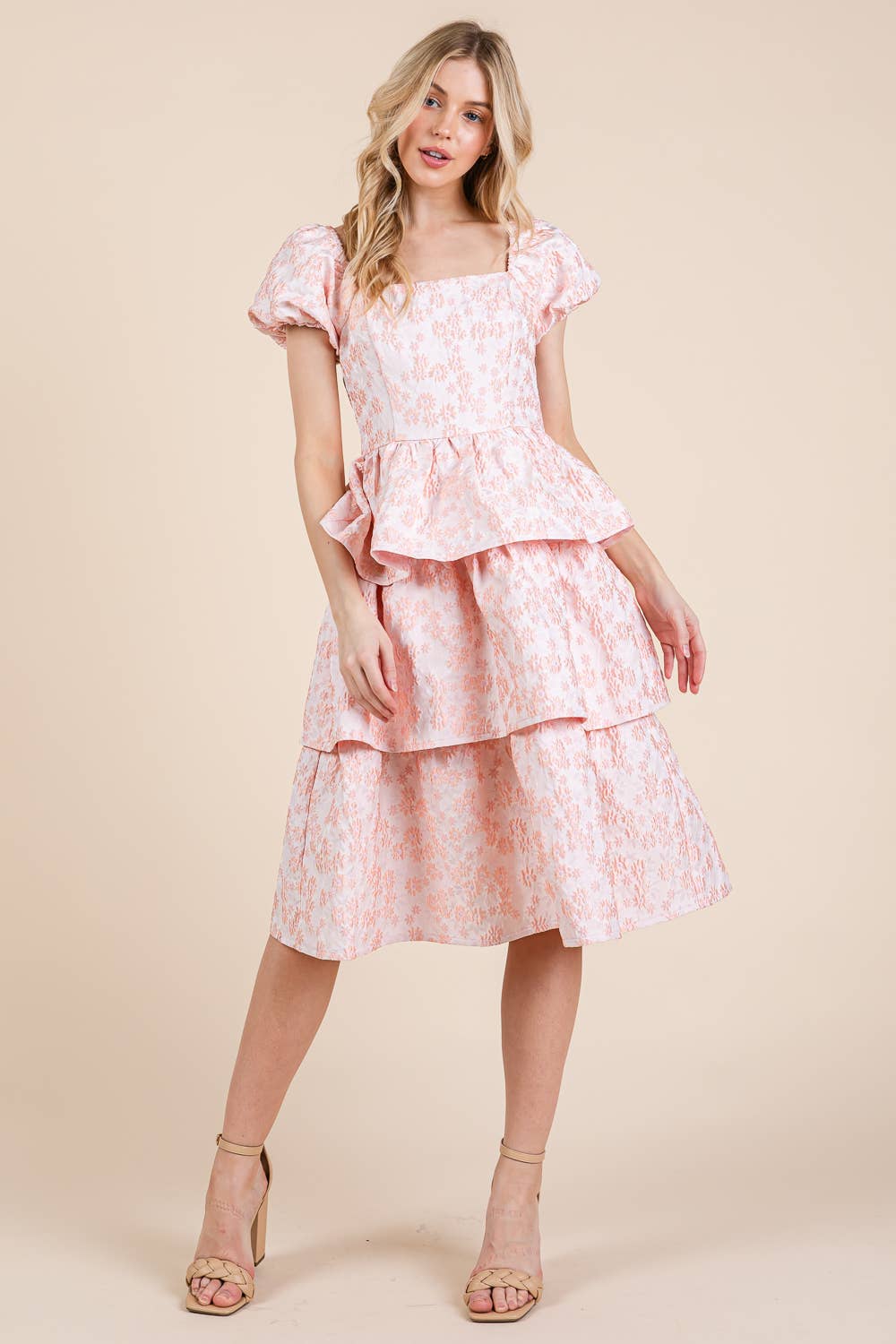 Floral Jacquard Tiered Midi Dress, MD51548: Blush