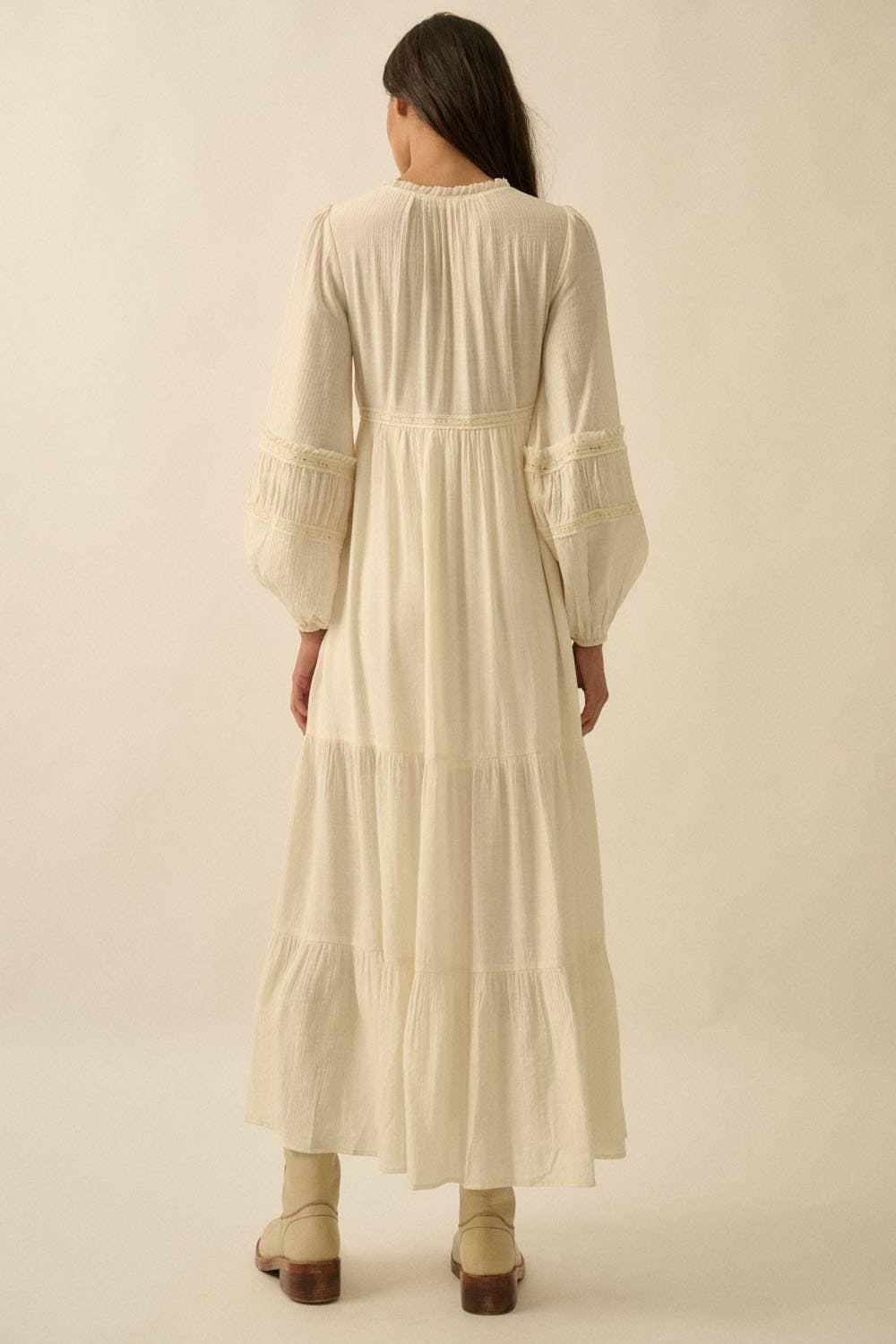 Tonal-Stripe Lace-Trim Button-Front Maxi Dress: CREAM