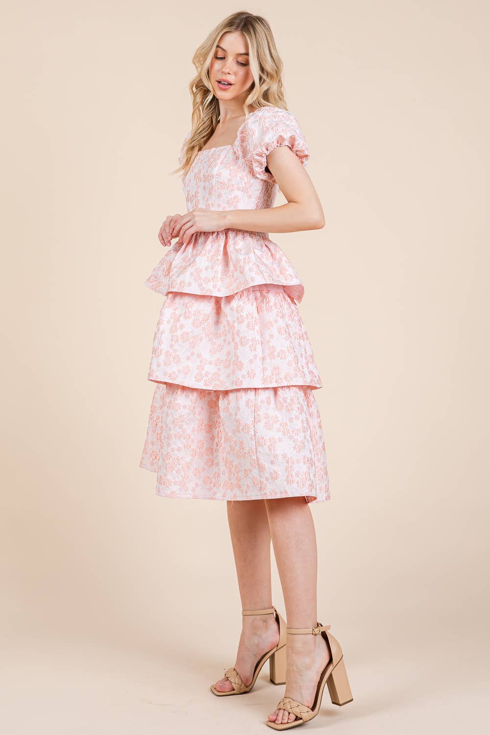 Floral Jacquard Tiered Midi Dress, MD51548: Blush