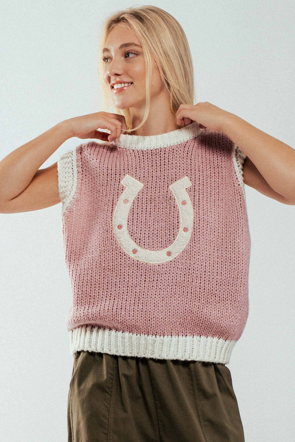 Western Horseshoe Crochet Knit Ribbed Trim Sweater Vest: Brown