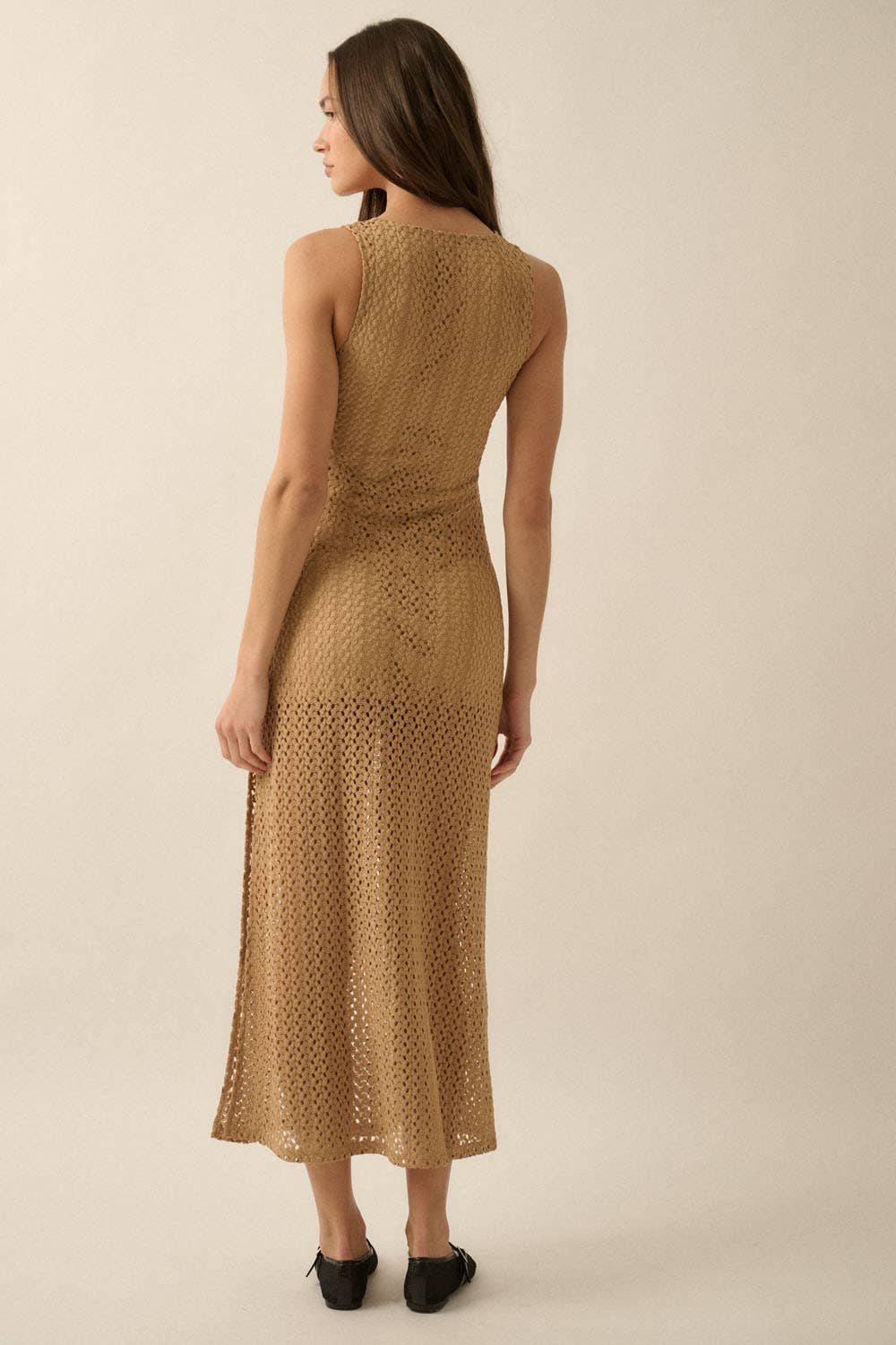 Crochet Knit O-Ring Keyhole Maxi Dress: TAUPE