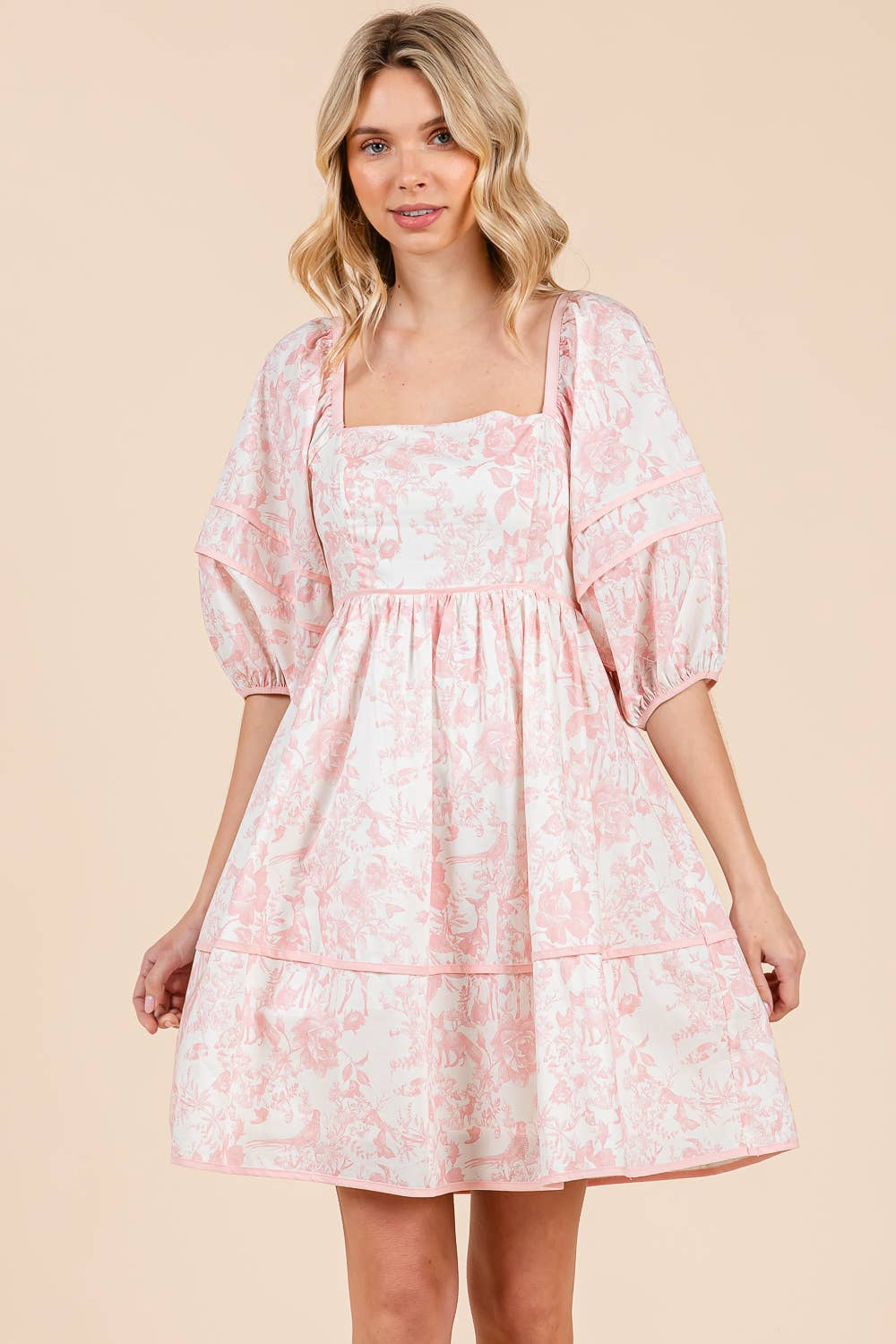 Floral Tiered Mini Dress, MD51614: Cream/Blue