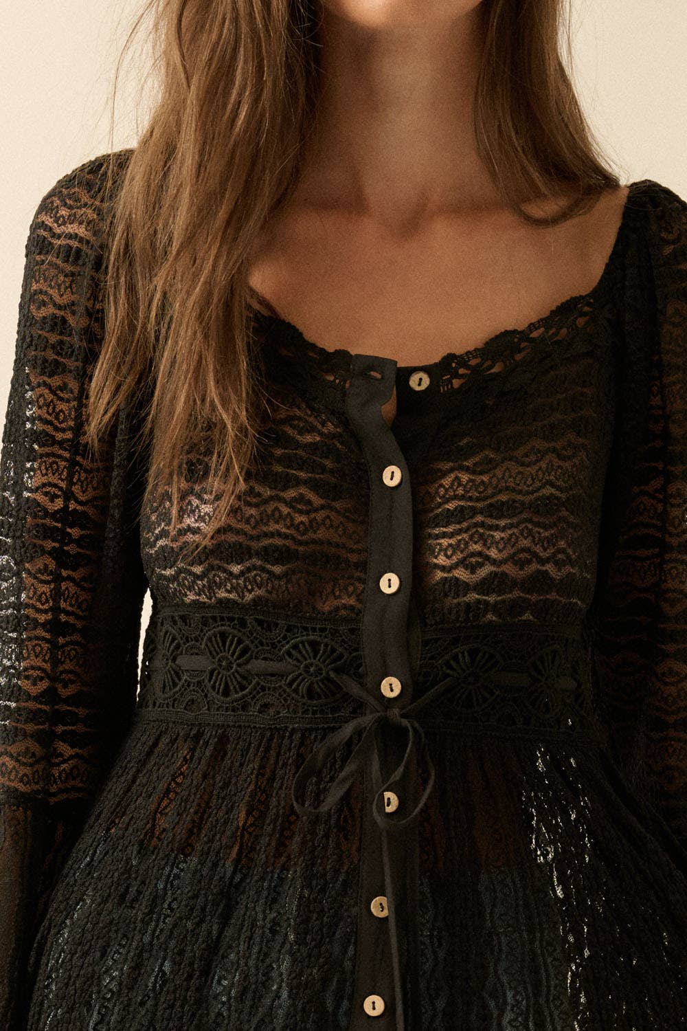 Sheer Striped Lace Button- Up Layering Midi Dress: Taupe