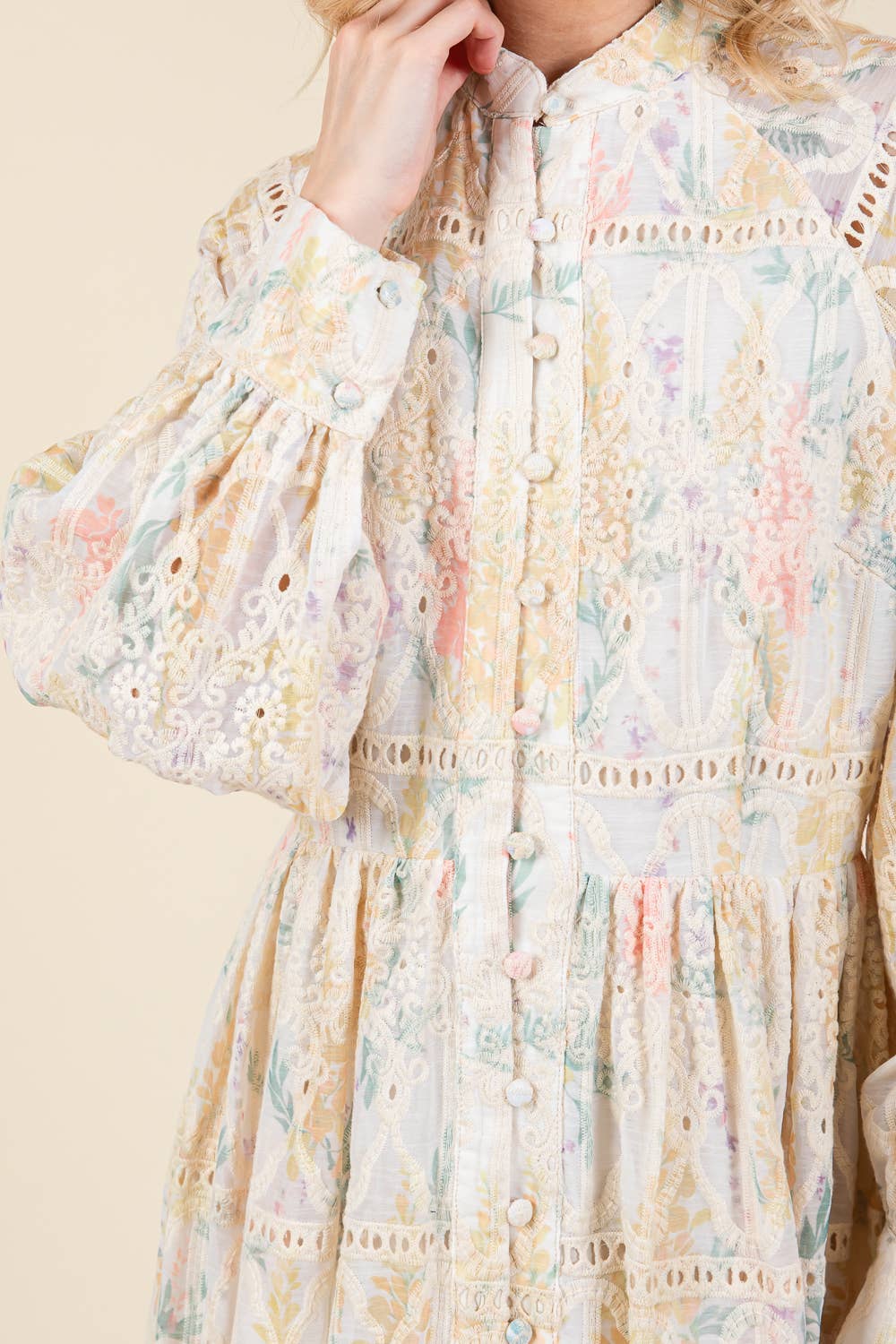 Plus Floral Long Sleeved Mini Shirt Dress, OD51132PL: Creme