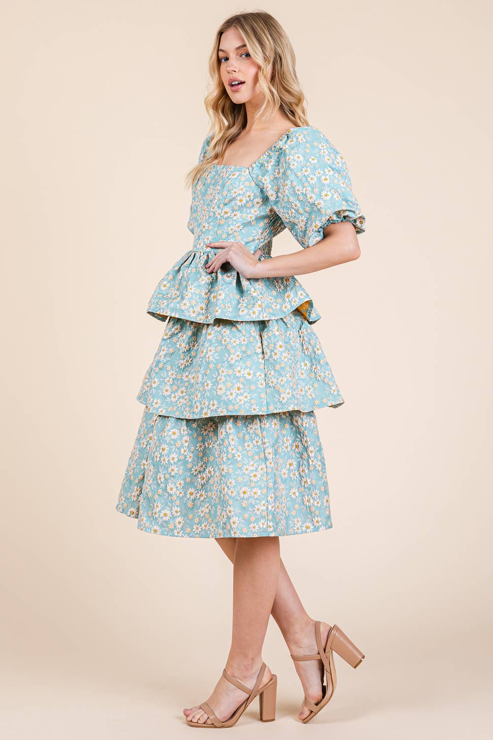 Floral Jacquard Tiered Midi Dress, MD51548: Blush