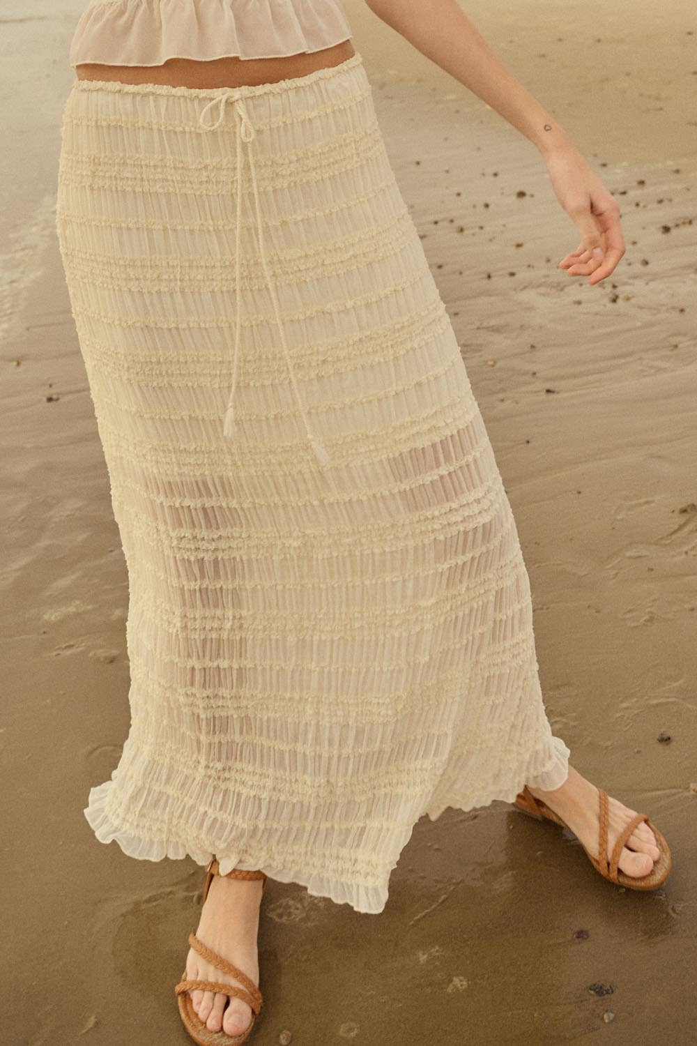 Gathered Tiered Ruffle Drawstring Maxi Skirt: CREAM
