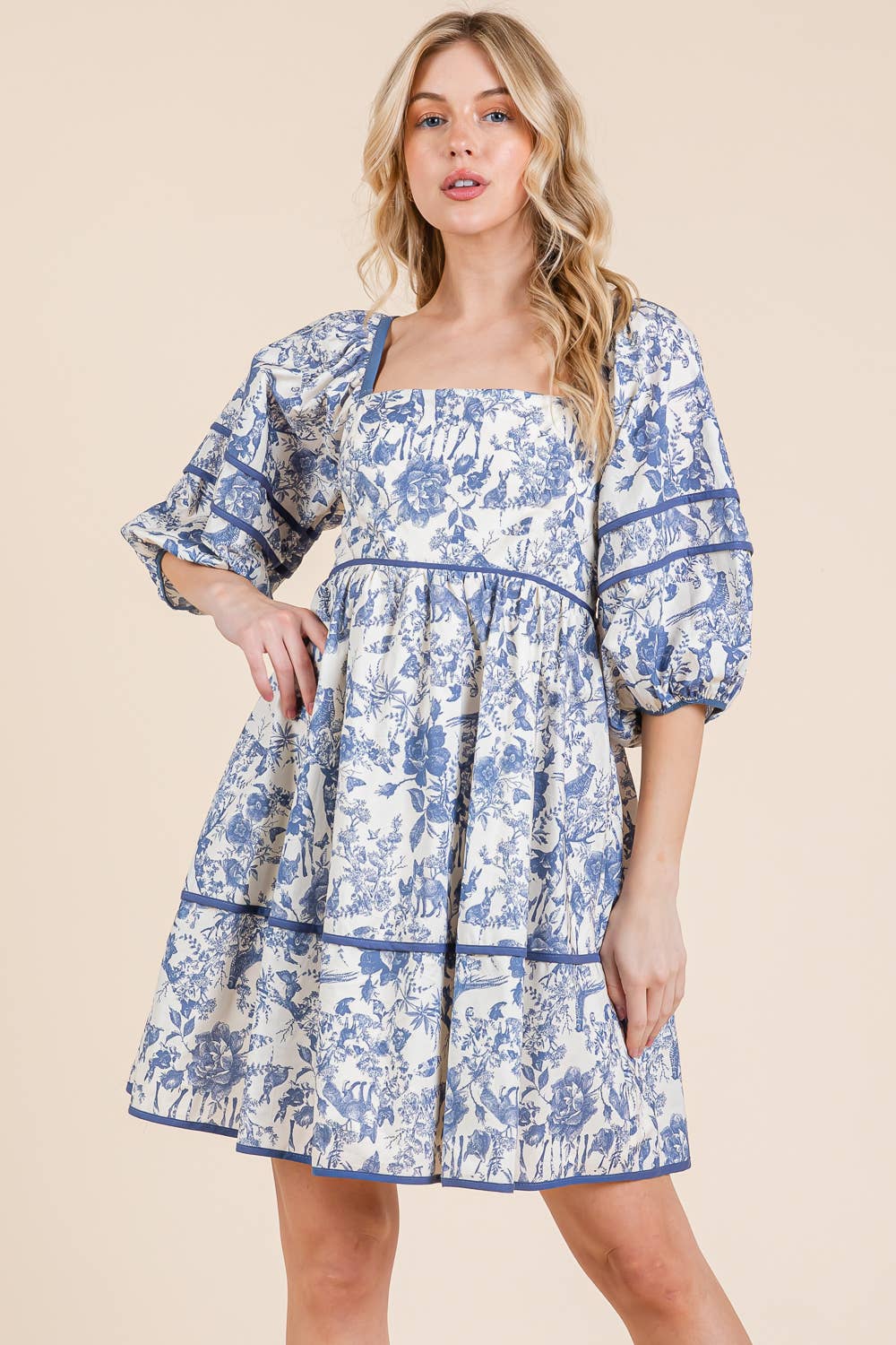 Floral Tiered Mini Dress, MD51614: Cream/Blue