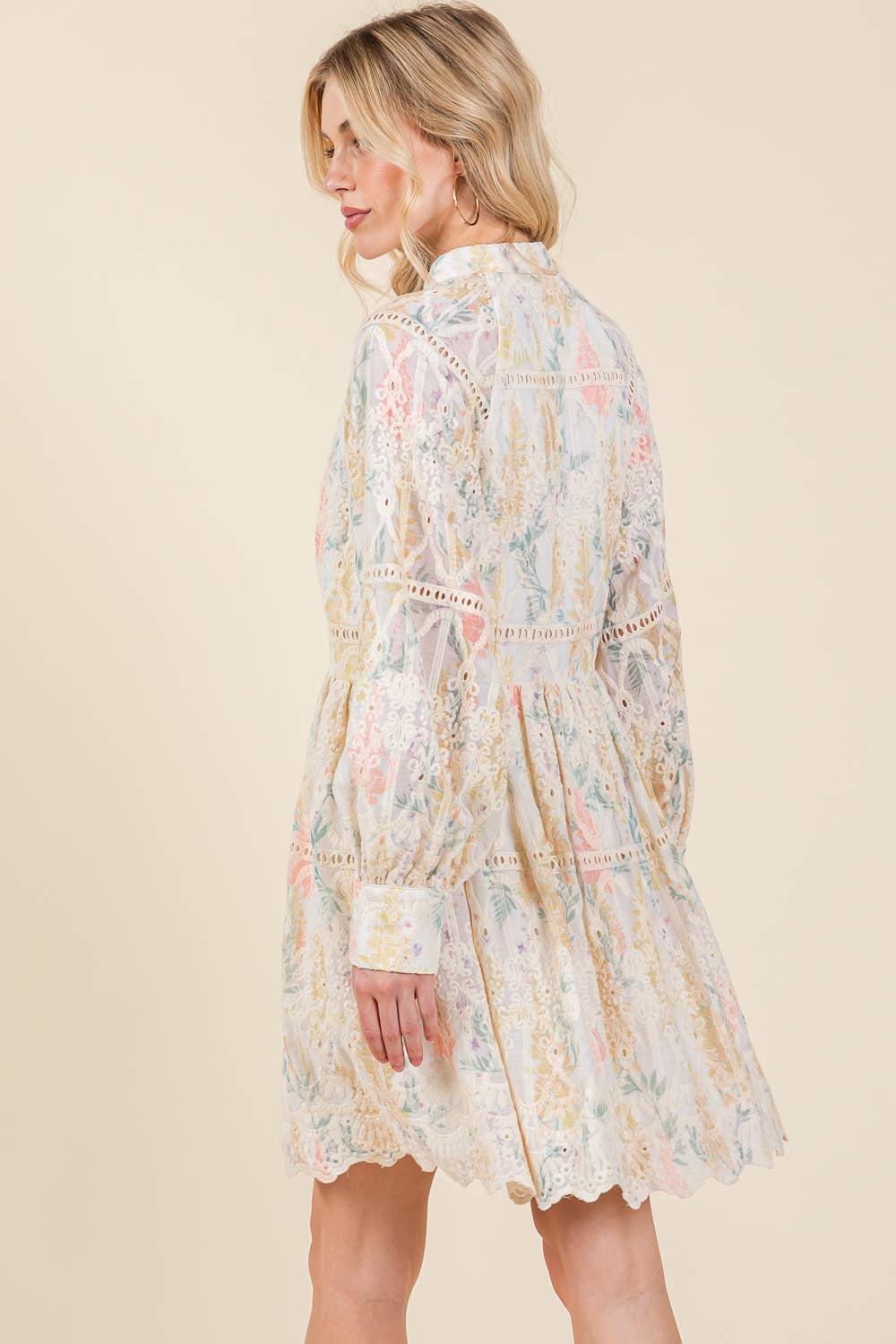 Plus Floral Long Sleeved Mini Shirt Dress, OD51132PL: Creme