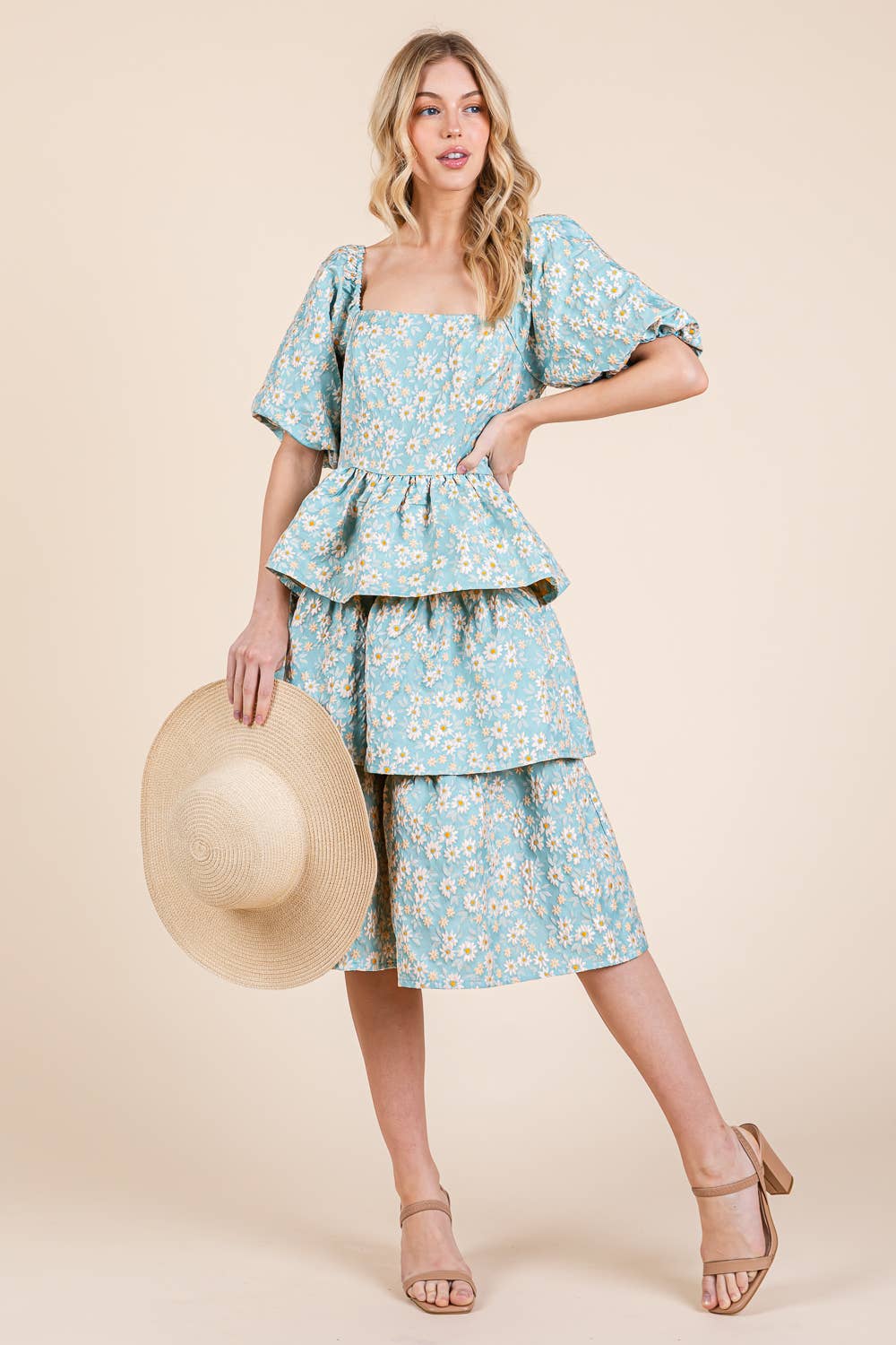 Floral Jacquard Tiered Midi Dress, MD51548: Blush