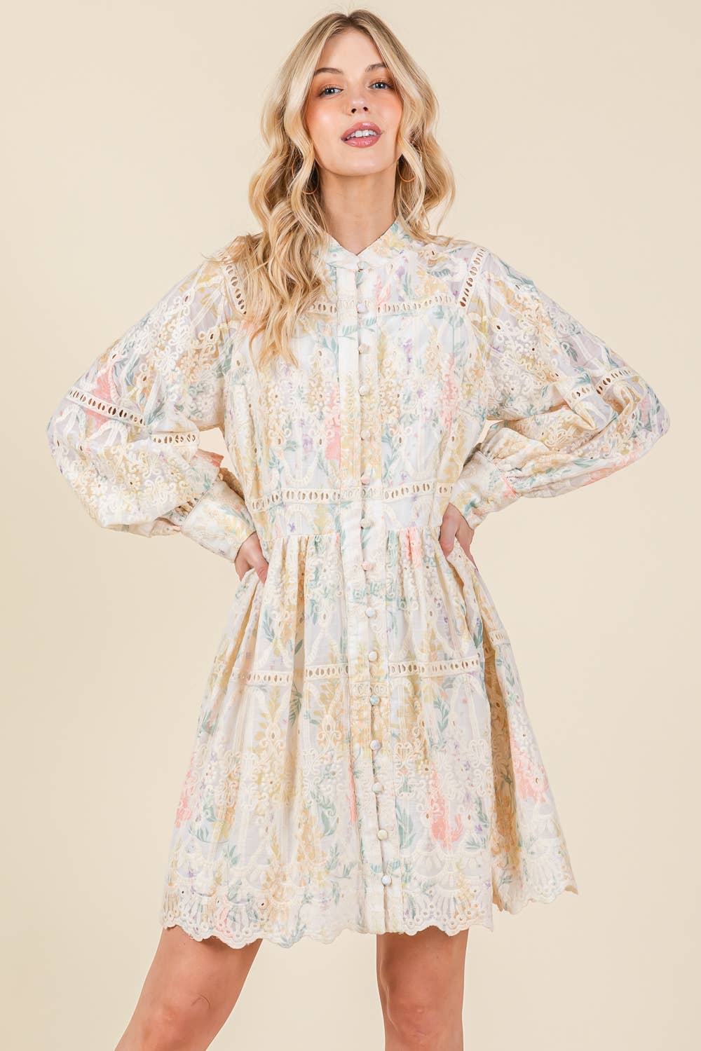 Plus Floral Long Sleeved Mini Shirt Dress, OD51132PL: Creme