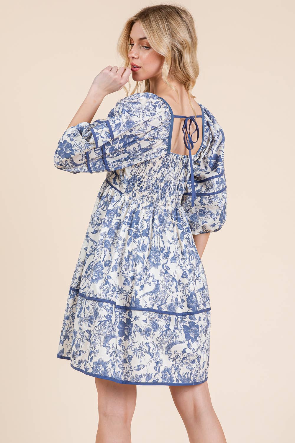 Floral Tiered Mini Dress, MD51614: Cream/Blue