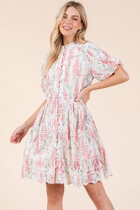Floral Eyelet Lace Mini Shirt Dress, OD51255: Pink Multi