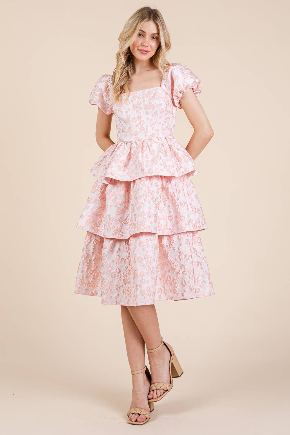 Floral Jacquard Tiered Midi Dress, MD51548: Blush