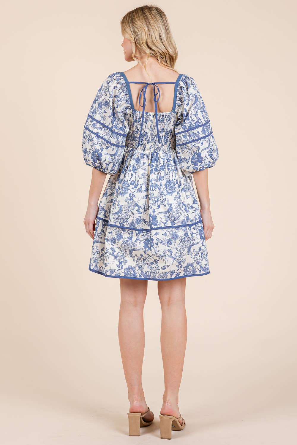 Floral Tiered Mini Dress, MD51614: Cream/Blue