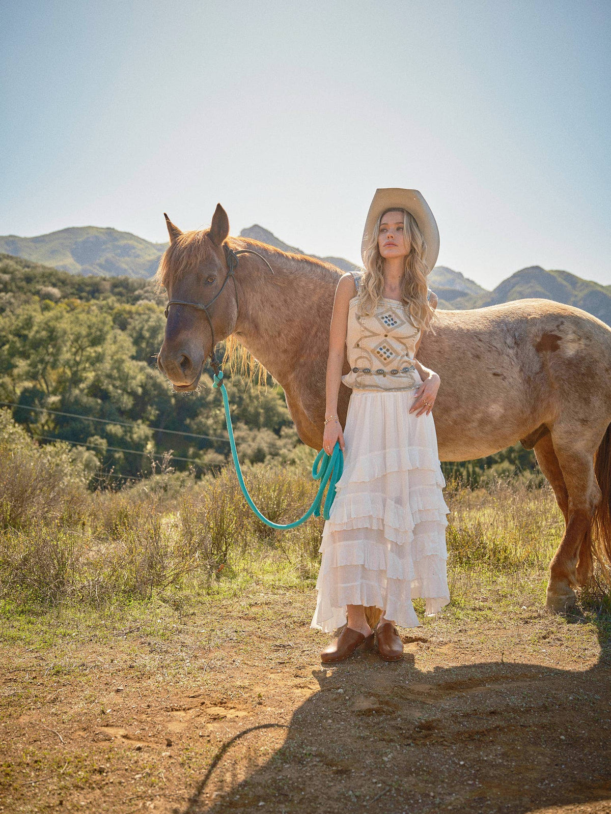 23644T - Western Buckle Strap Embroidered Denim Top: SAND