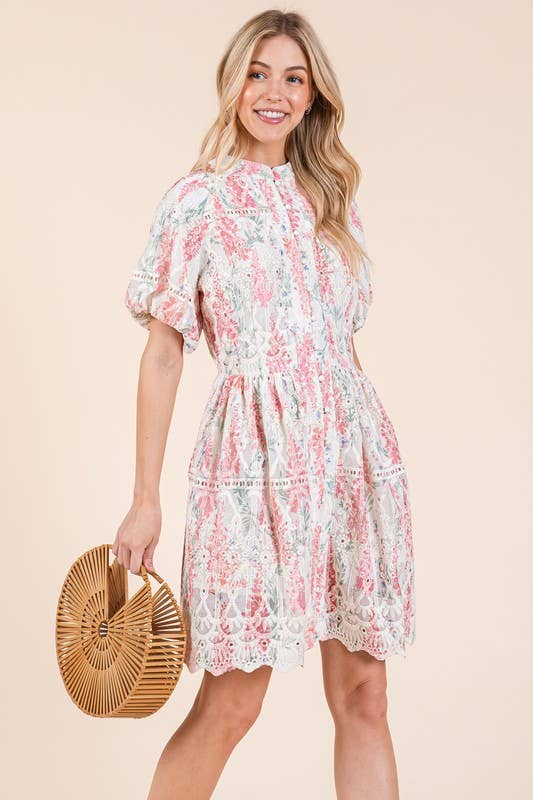 Floral Eyelet Lace Mini Shirt Dress, OD51255: Pink Multi