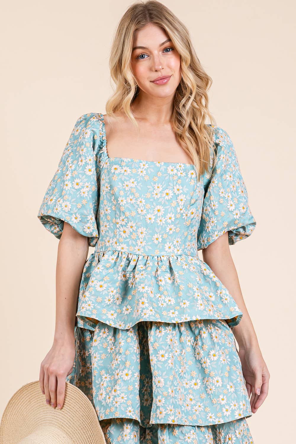Floral Jacquard Tiered Midi Dress, MD51548: Blush