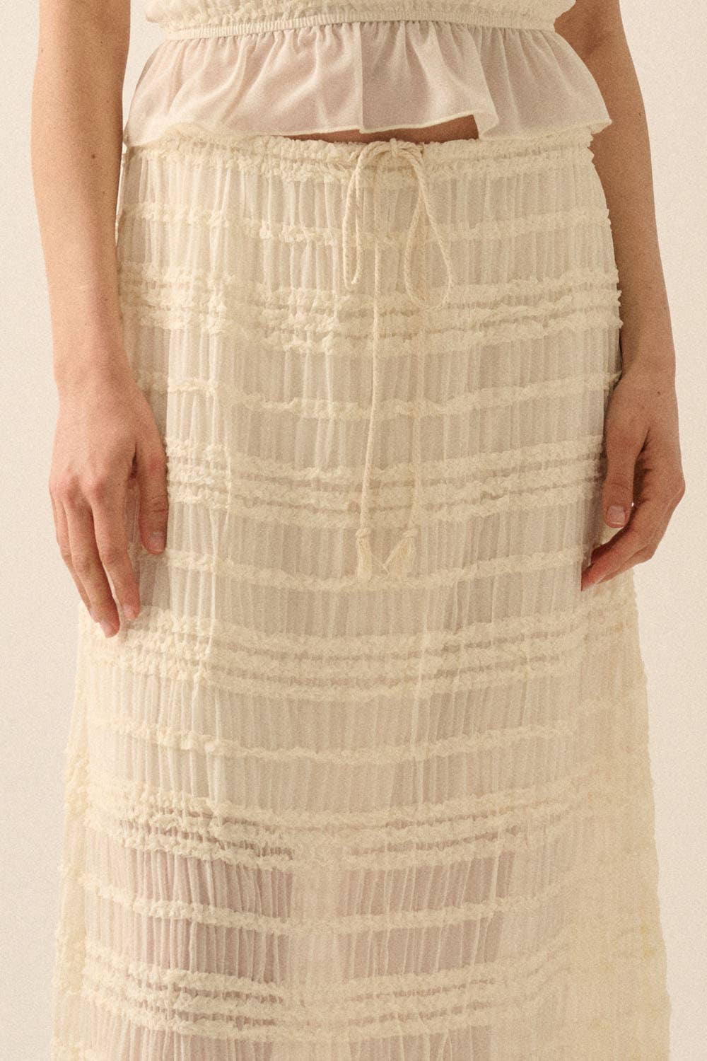 Gathered Tiered Ruffle Drawstring Maxi Skirt: CREAM