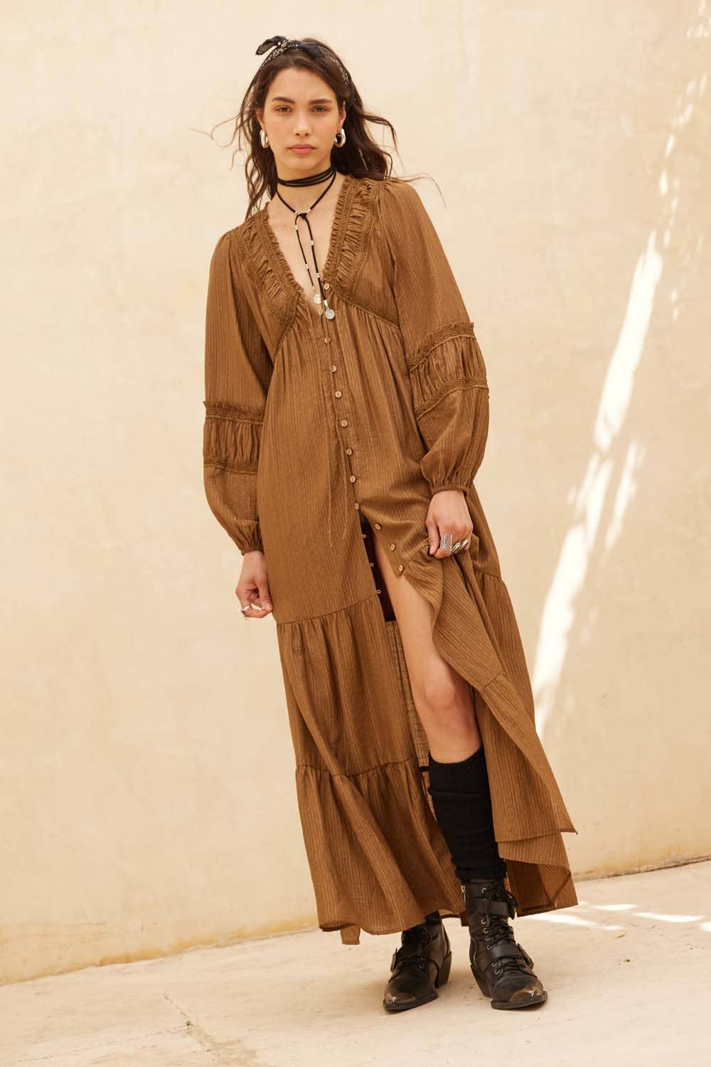 Tonal-Stripe Lace-Trim Button-Front Maxi Dress: CREAM