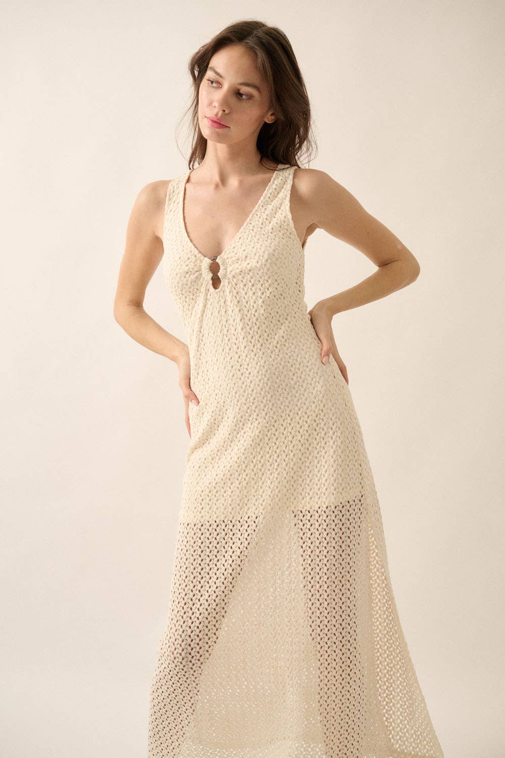 Crochet Knit O-Ring Keyhole Maxi Dress: TAUPE