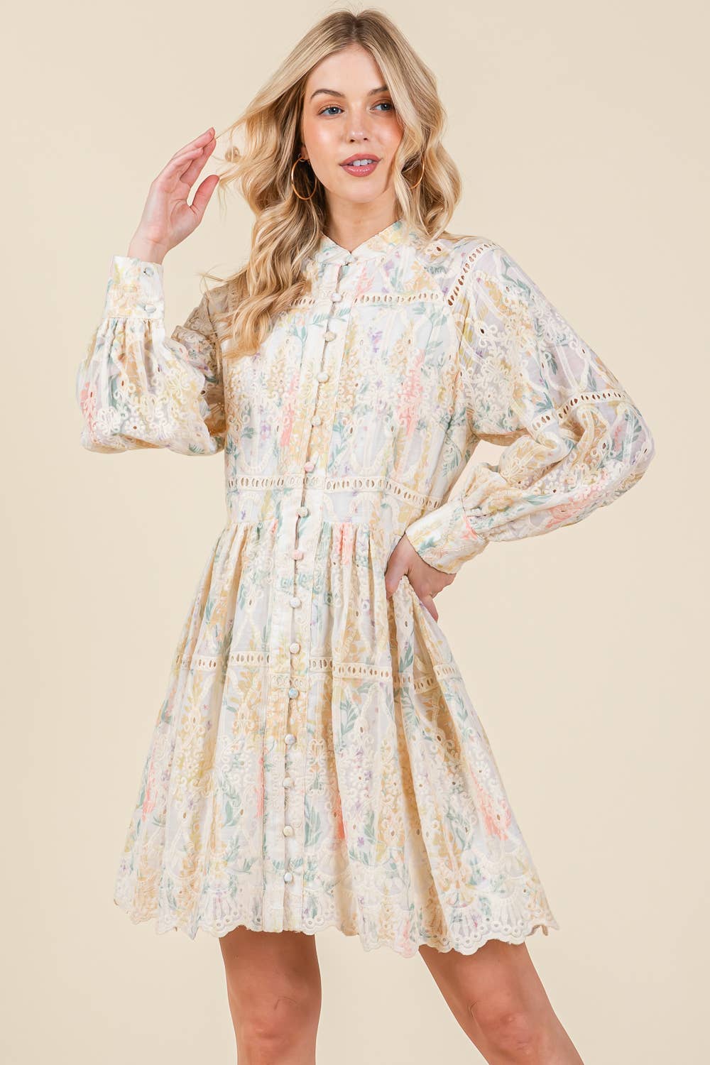 Plus Floral Long Sleeved Mini Shirt Dress, OD51132PL: Creme