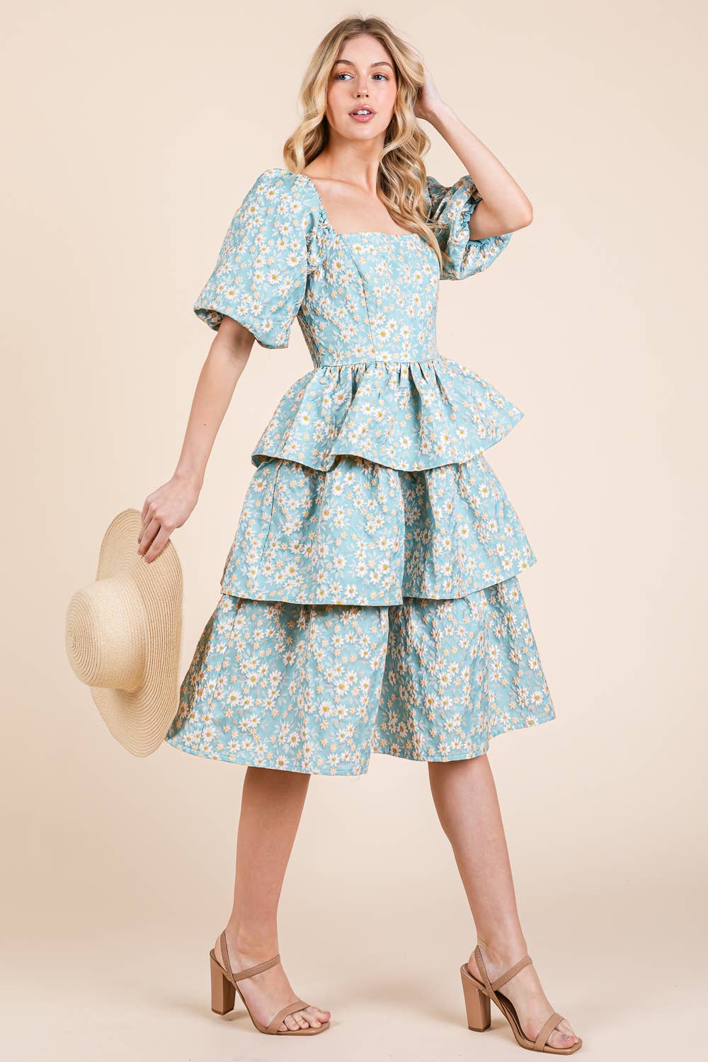Floral Jacquard Tiered Midi Dress, MD51548: Blush