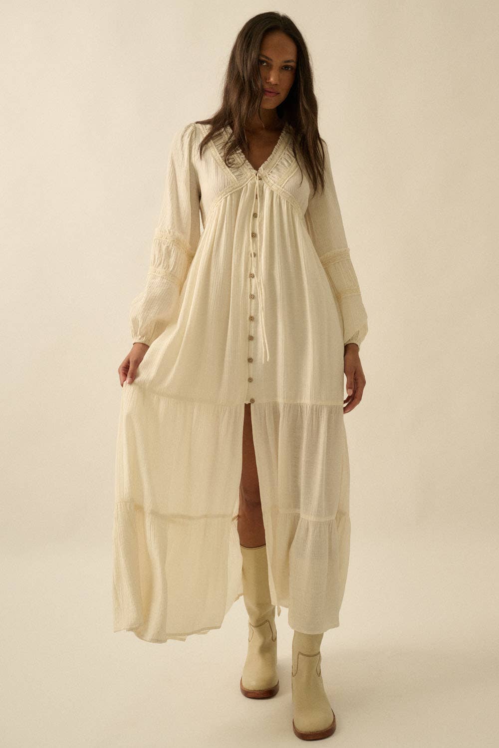 Tonal-Stripe Lace-Trim Button-Front Maxi Dress: CREAM