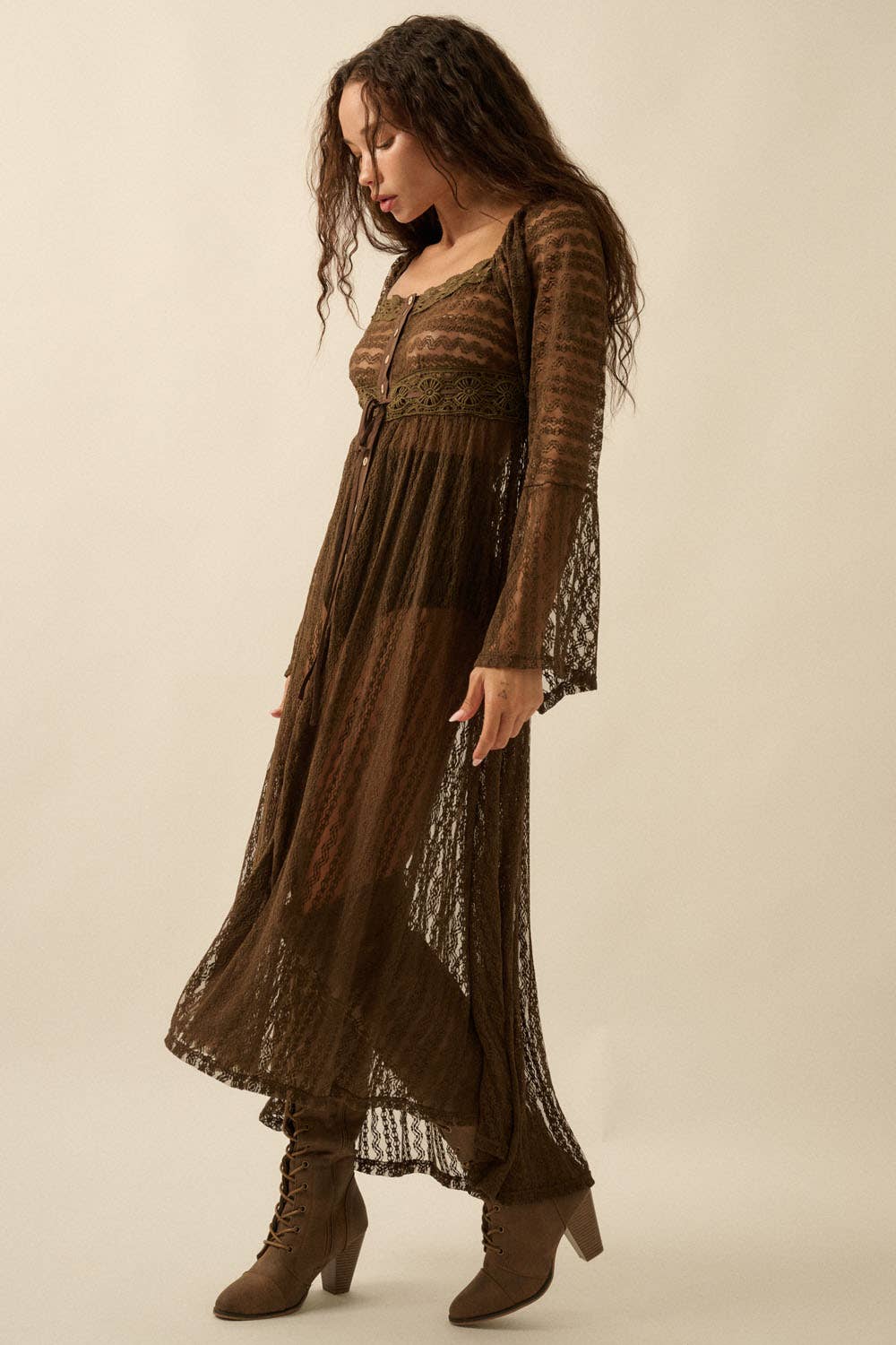 Sheer Striped Lace Button- Up Layering Midi Dress: Taupe