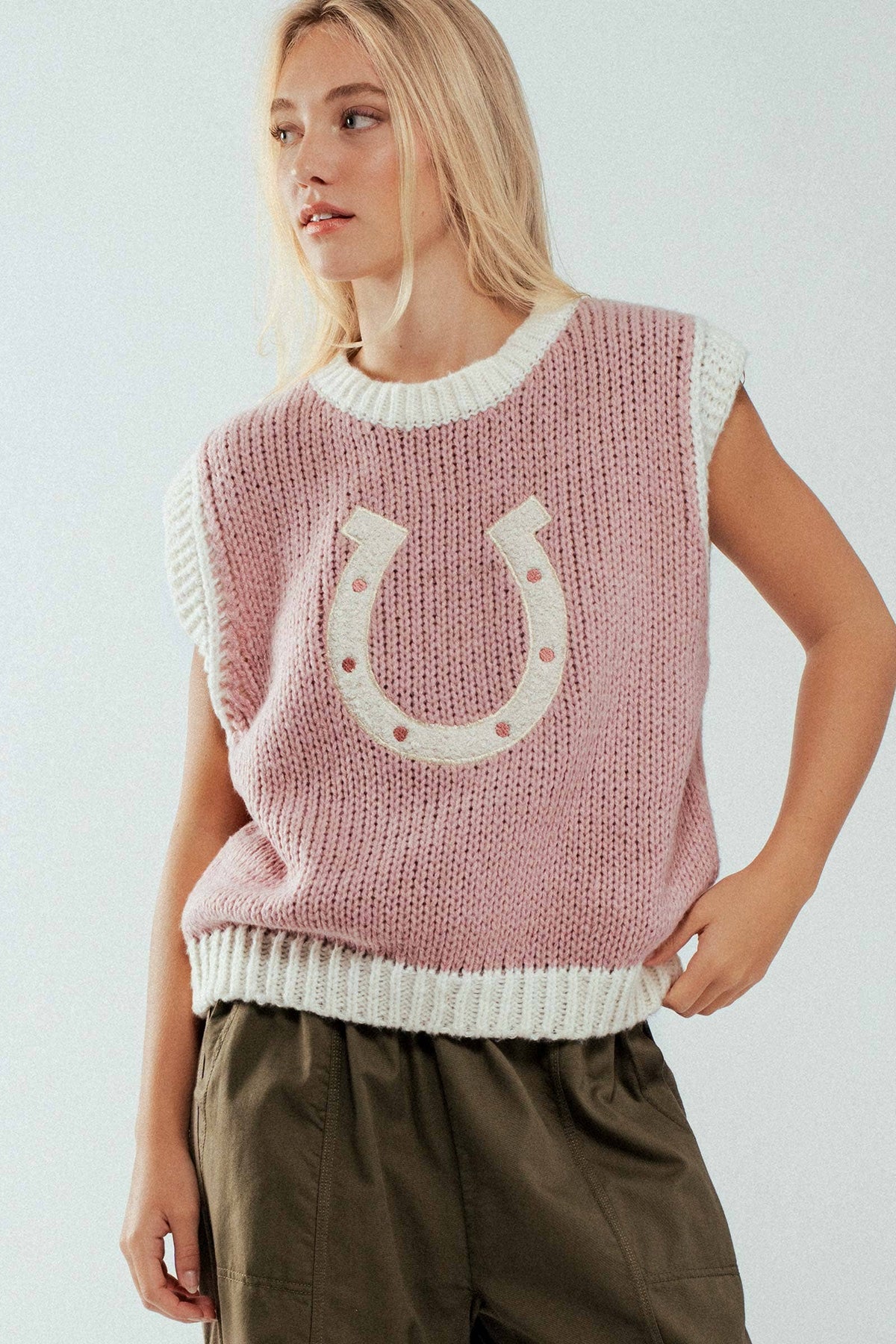 Western Horseshoe Crochet Knit Ribbed Trim Sweater Vest: Brown