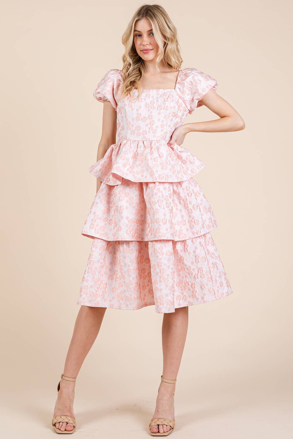 Floral Jacquard Tiered Midi Dress, MD51548: Blush