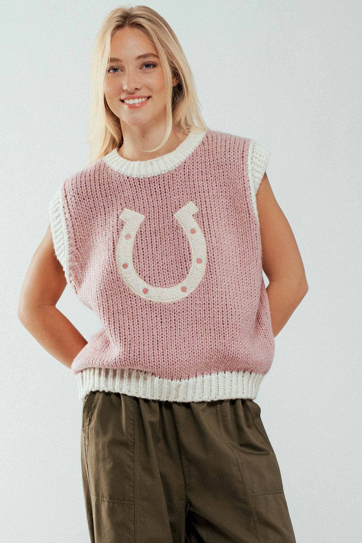 Western Horseshoe Crochet Knit Ribbed Trim Sweater Vest: Brown