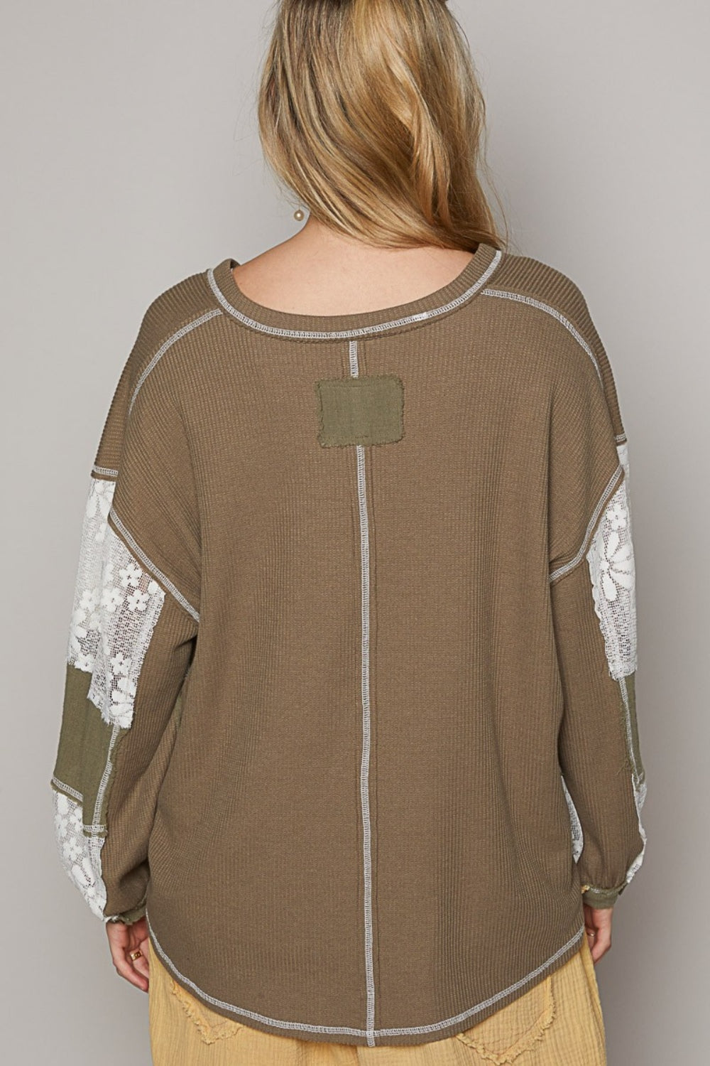 POL V-Neck Lace Balloon Sleeve Exposed Seam Top-1