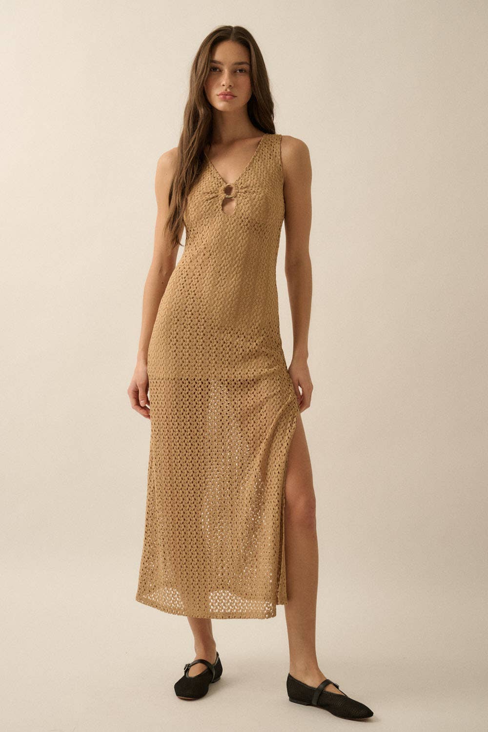 Crochet Knit O-Ring Keyhole Maxi Dress: TAUPE