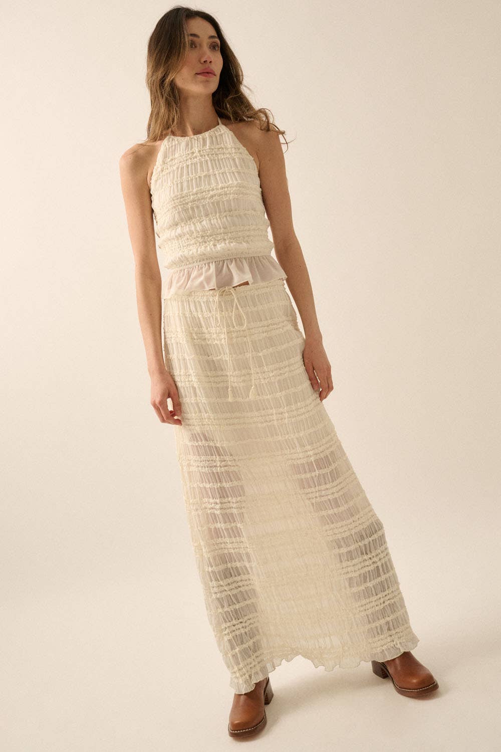Gathered Tiered Ruffle Drawstring Maxi Skirt: CREAM