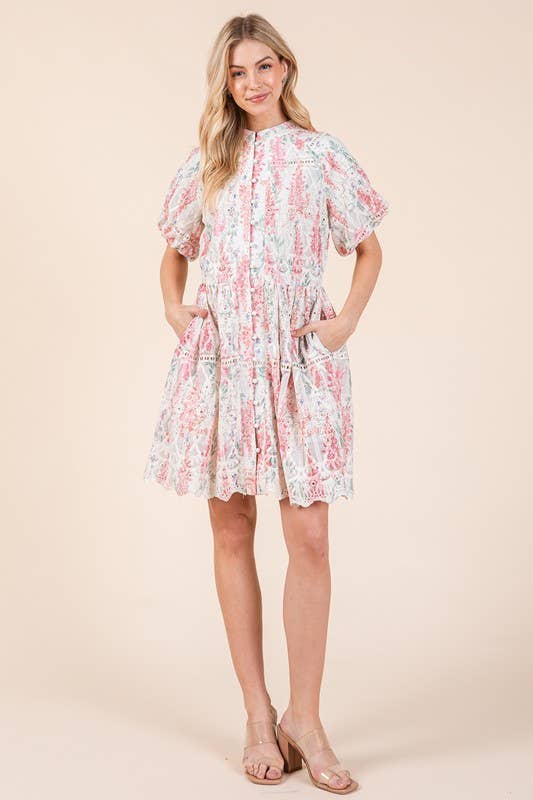 Floral Eyelet Lace Mini Shirt Dress, OD51255: Pink Multi