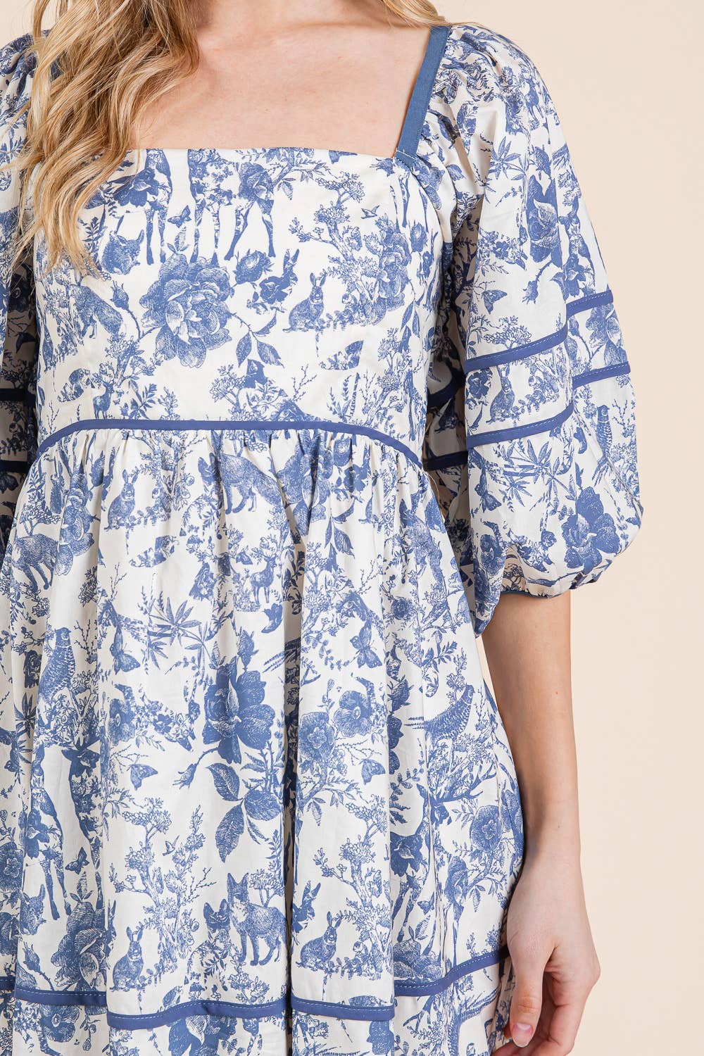 Floral Tiered Mini Dress, MD51614: Cream/Blue