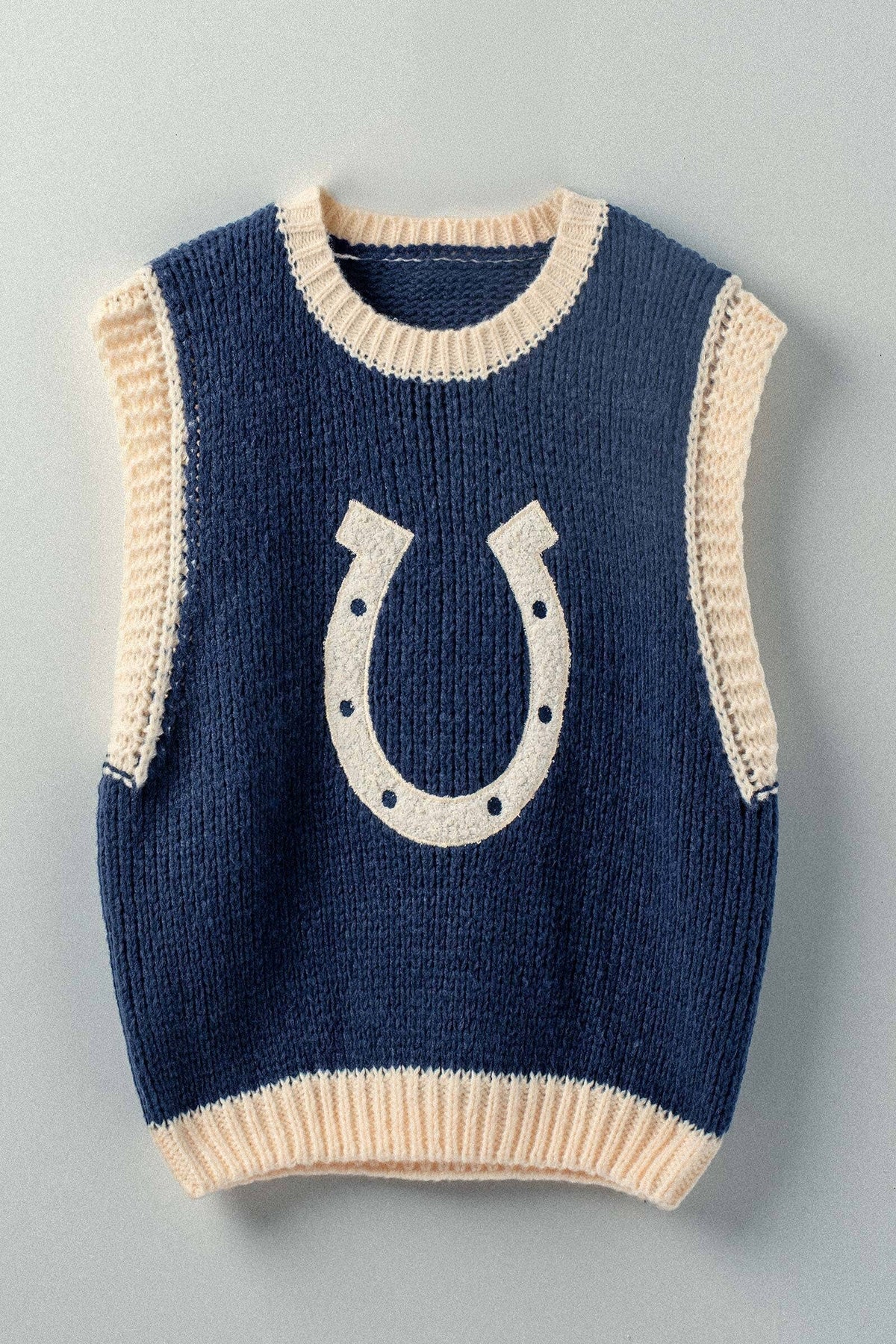 Western Horseshoe Crochet Knit Ribbed Trim Sweater Vest: Brown