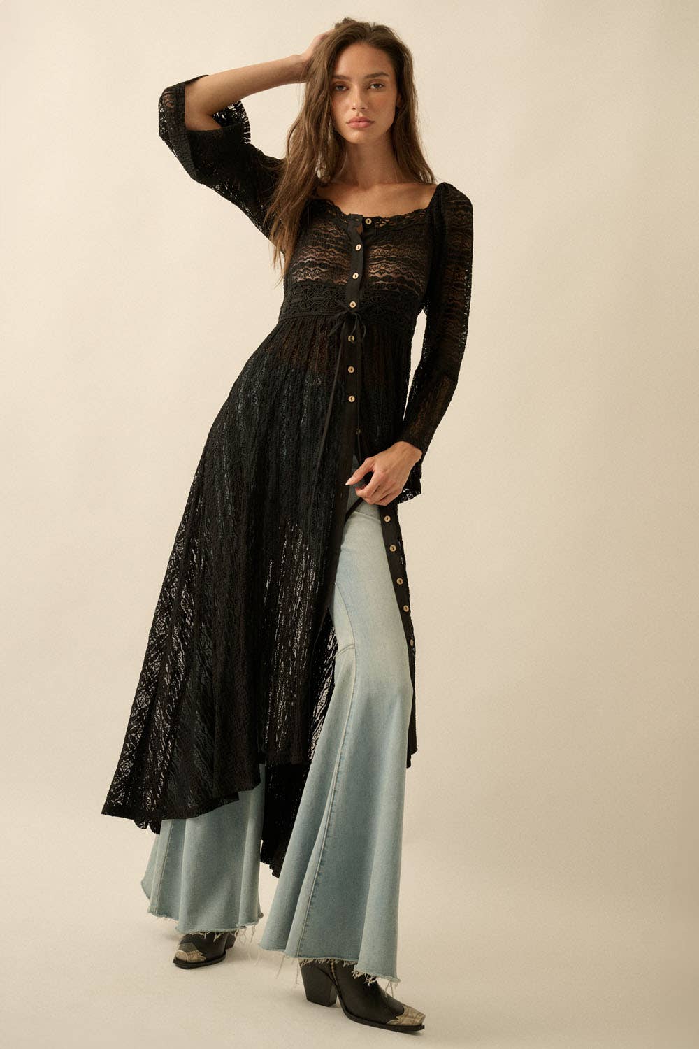 Sheer Striped Lace Button- Up Layering Midi Dress: Taupe